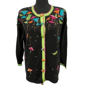 Just‎ B Bright Pattern Cardigan Beaded Sequin Mixed Drinks Fruit Sweater